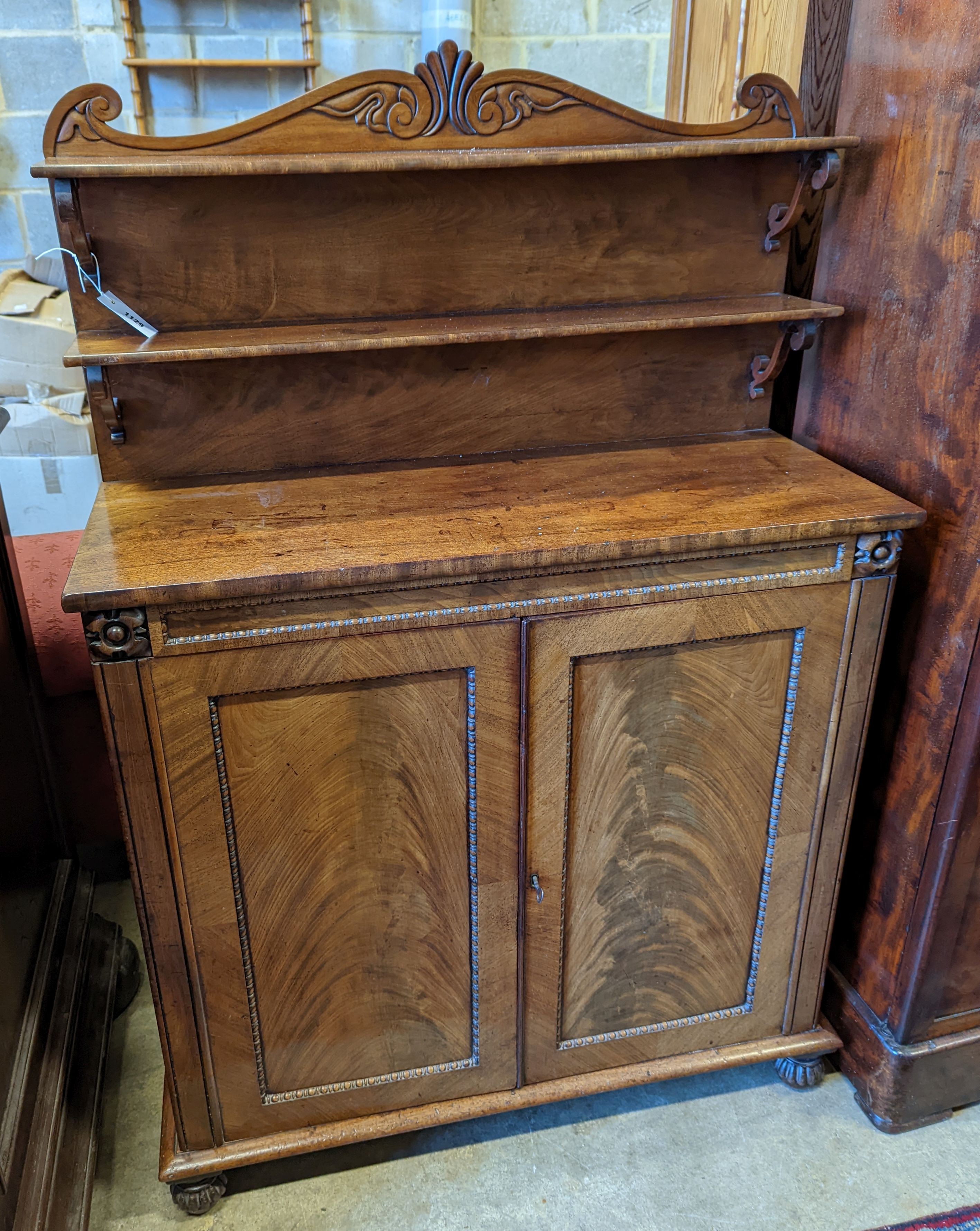 A Regency flamed mahogany chiffonier, width 94cm, depth 38cm, height 143cm